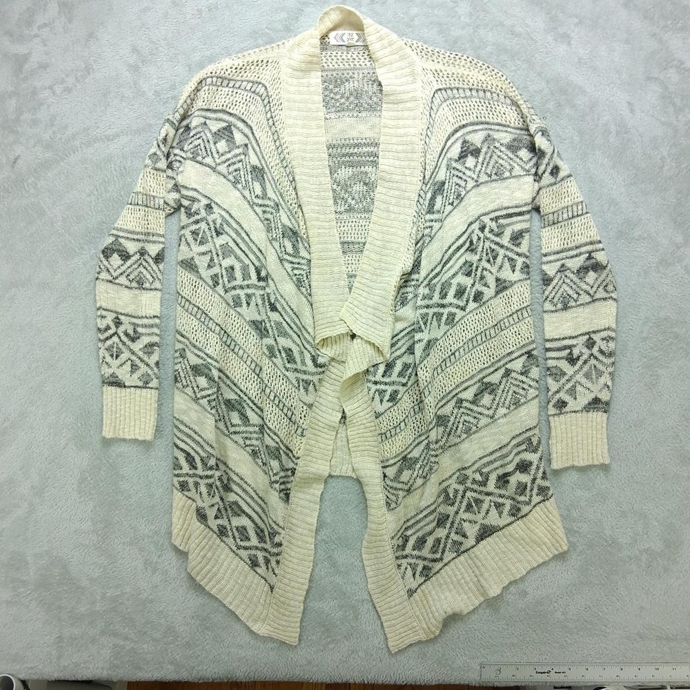 Pink Rose Women Open Front Cardigan Sweater Cream Gray Tribal Aztec Boho Medium